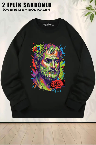 ZOKAWEAR Aristoteles on and Back Printed Crew Neck Sweatshirt