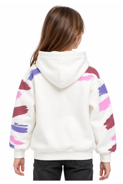 onymino Kız Çocuk Kapüşonlu Sweatshirt Pembe Panter Baskılı Kırık Beyaz