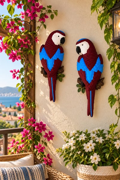 BUBUHOMEDECOR Bordo Mavi Dekoratif Papağan – Balkon & Bahçe Süsü