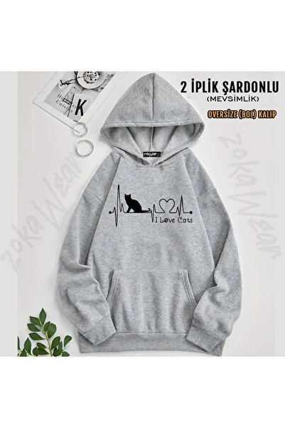 ZOKAWEAR Cat Pattern Printed Hooded Sweatshirt