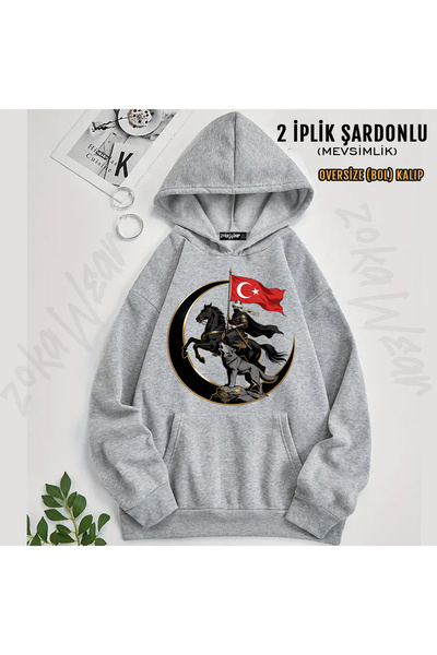 ZOKAWEAR Printed Hooded Sweatshirt with Turkish Flag, Horseback Warrior, Blac...