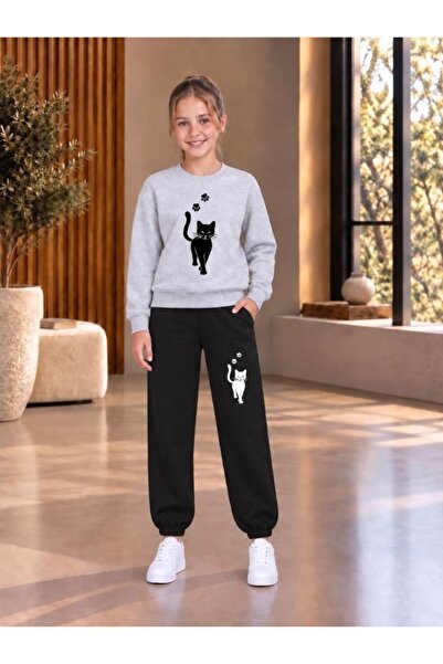 cm buseyiz Busekids Unisex Walking Cat Baskılı Sıfır Yaka Eşofman Takımı