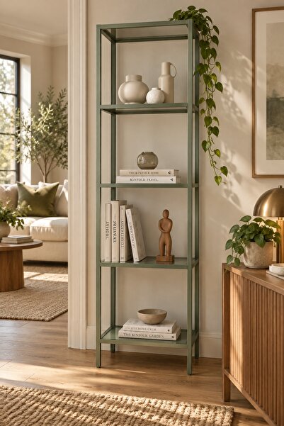 Teknor Yeşil Çerçeveli Şeffaf Cam Modern Salon Kitaplığı 40 cm