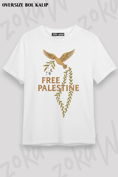 ZOKAWEAR Free Palestine Ozgur Filistin Zeytin Dali Baris Guvercin Printed T-S...