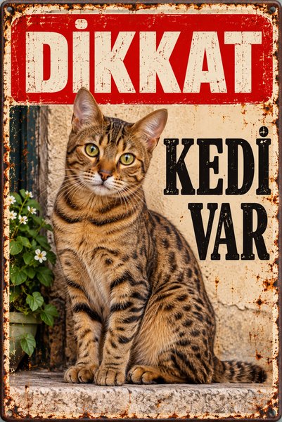 Lucena Caution Cat Is Present Spotted Brown Cat Retro Metal Wall Sign 15X20 cm