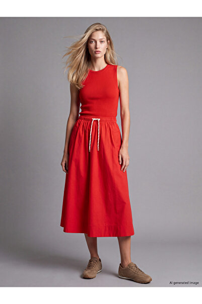 LC Waikiki Alita City Lcw Vision Red Poplin Plain Midi Women's Skirt with a D...