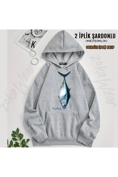 ZOKAWEAR سويت شيرت بقلنسوة مطبوع عليه صورة سمكة التونة للصيد