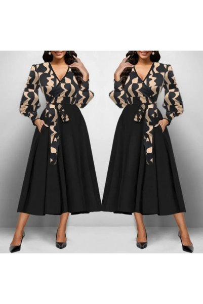 Generic Brand Women's Long-Sleeve Double-Breasted Neck Scuba Crepe Midi-Length Dress