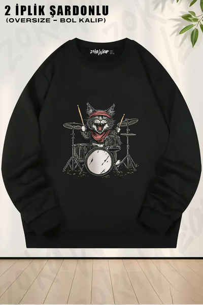 ZOKAWEAR Drummer Cat Drummer Music Drum Cute Printed Crew Neck Sweatshirt