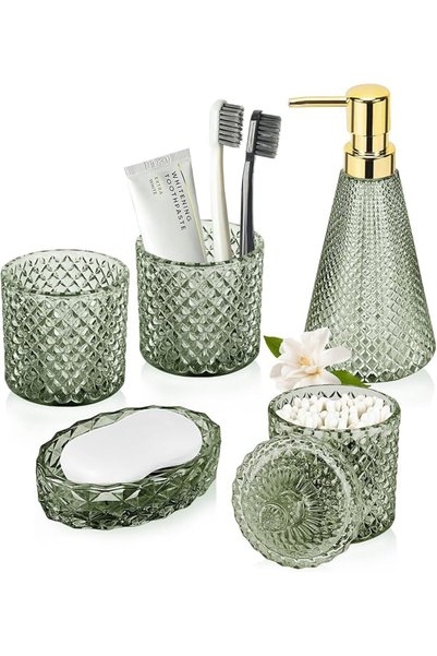 Topsky Green Bathroom Accessory Set, Glass Bathroom Decor Countertop Organize...
