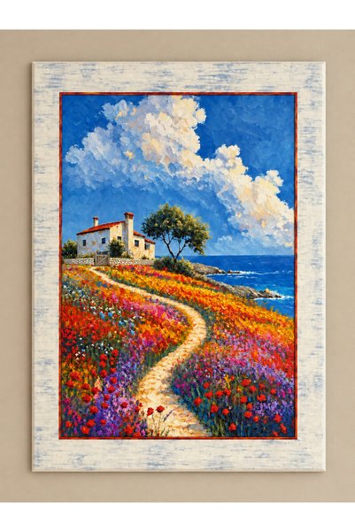 Ahşap Eskitme Çerçeve Desenli Deniz Manzaralı Dağ Evi Temalı Dekoratif Ahşap Tablo 52x72 cm