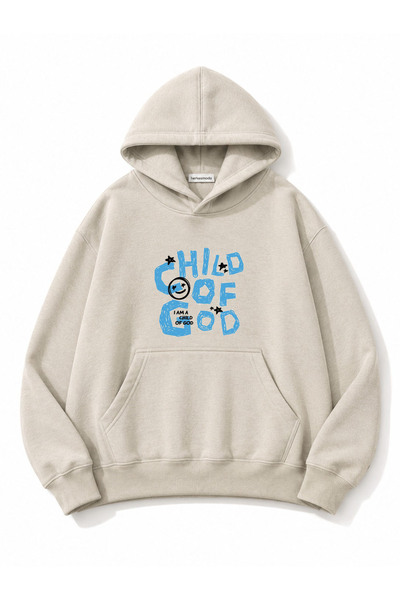 herkesemoda Chil of God Text Printed Oversize Sweatshirt with Kangaroo Pocket