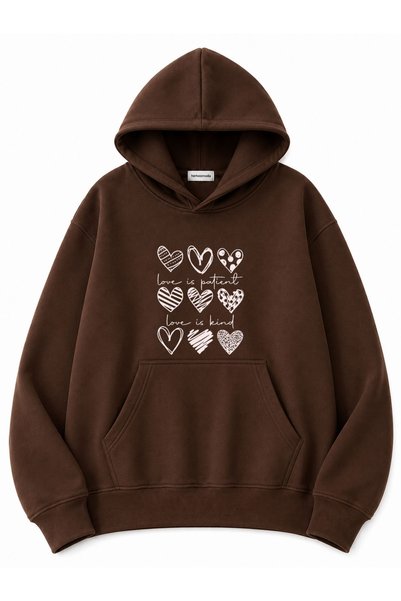 herkesemoda Hearts Printed Oversize Sweatshirt with Kangaroo Pocket