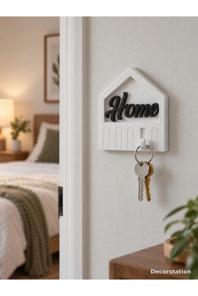Decorstation Suport pentru chei alb, cu inscripții, pentru perete – Suport modern pentru chei (cu 5 cârlige)