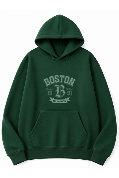 herkesemoda Boston Printed Oversize Sweatshirt with Kangaroo Pocket