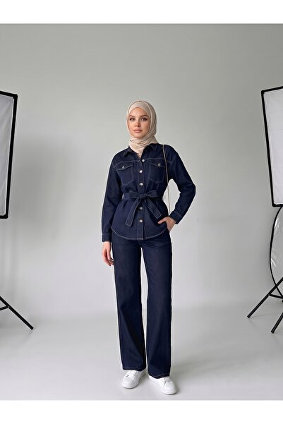 SHEVEGA Women's Belted Denim Jacket and Trousers Two-Piece Set