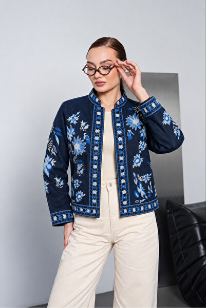 NEW JOURNAL Jachetă de damă din denim, albastru marin, cu broderie, model Süz...