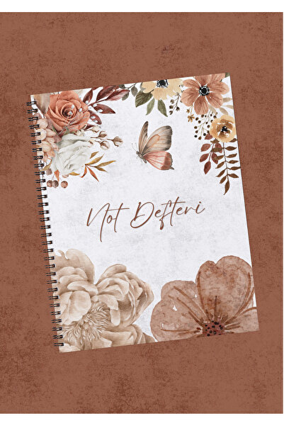 Suluboya Çiçek ve Kelebek Desenli, "Not Defteri" Yazılı A5 Spiralli Defter (Çizgili / Kareli / Çizgisiz Seçenekli)