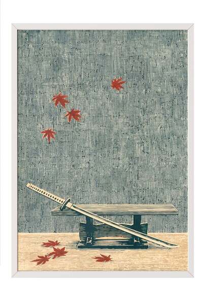 Postifull Natural Themed Katana and Leaves Poster – White Framed Art Print No...