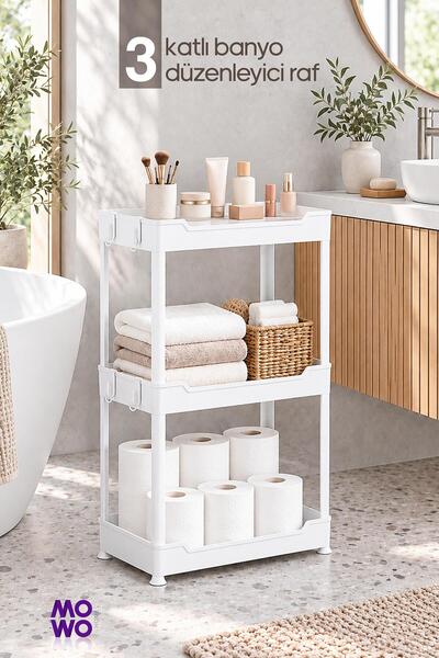 Mowo Home 3 Katlı Beyaz Banyo Düzenleyici Raf Sistemi, Makyaj Kozmetik Düzenl...