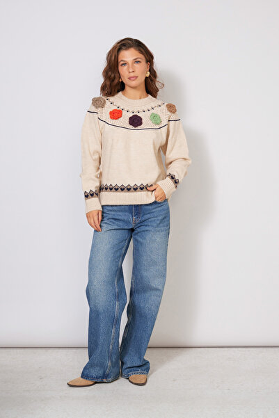 Nisan Italian Flowered Jacquard Knitwear Sweater Stone