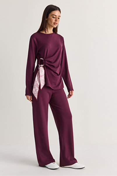 Bianco Lucci Women's Modal Scarf Tie Detailed Blouse High Waist Pants Bottom-...