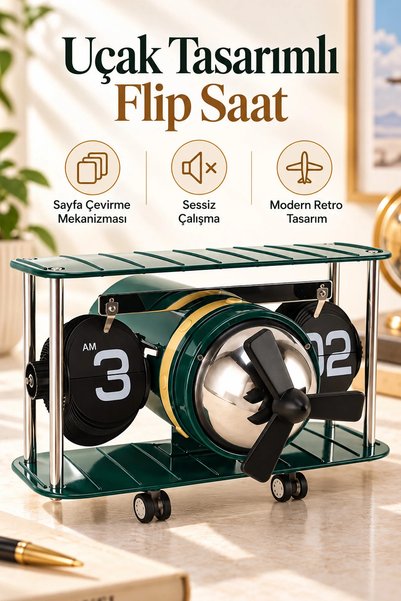 EXENAR Sayfa Çevirmeli Retro Uçak Tasarımlı Saat Flip Yaprak Masaüstü Mekanik...