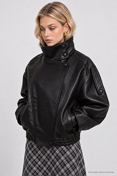 Lovelyİstanbul Faux Leather Biker Jacket Laz0022 Black