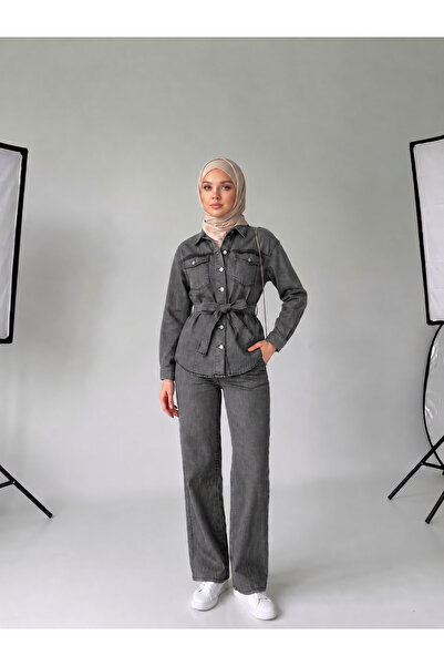 SHEVEGA Women's Belted Denim Jacket and Trousers Two-Piece Set