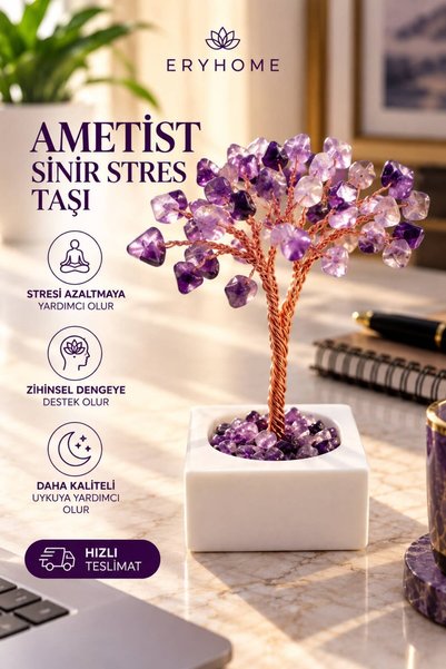 ERYHOME Ametist Doğal Taş Ağacı Sinir Stres Taşı | El Yapımı Kristal Bonsai H...