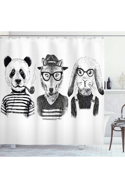 Abakuhaus Perdea de duș, Urs panda hipster, vulpe cu trabuc și iepure