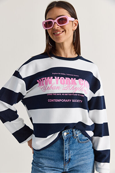 Bianco Lucci Women's Oversize Striped New York Printed Sweatshirt Mb9575 6028...