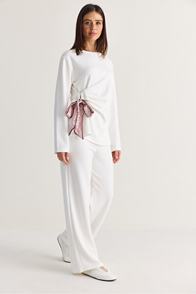 Bianco Lucci Women's Modal Scarf Tie Detailed Blouse High Waist Pants Bottom-...