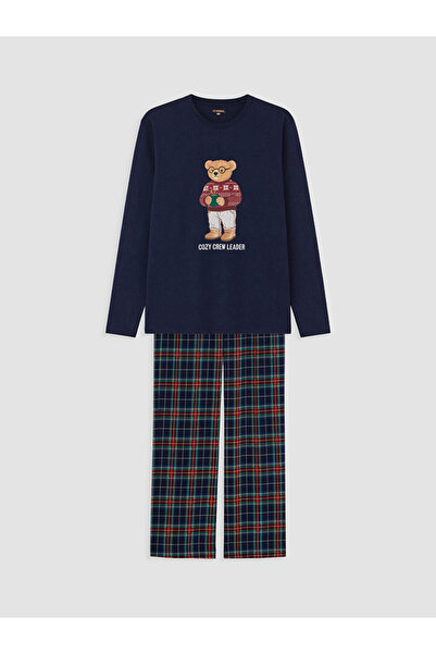 LC Waikiki Vizyon New Season Navy Blue Bear Teddy Printed Men's Pajama Set