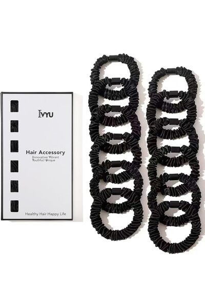 Ivyu ربطات شعر حريرية سوداء من الساتان للنساء - ربطات شعر صغيرة للنساء ذوات ا...
