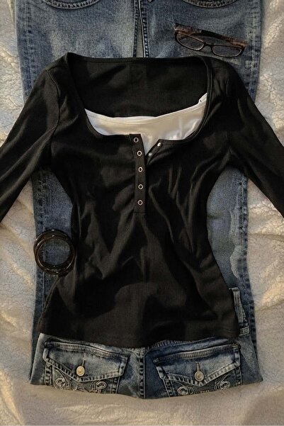 Köstebek Siyah Henley Yaka Ekli Grunge Y2K Uzun Kollu Crop