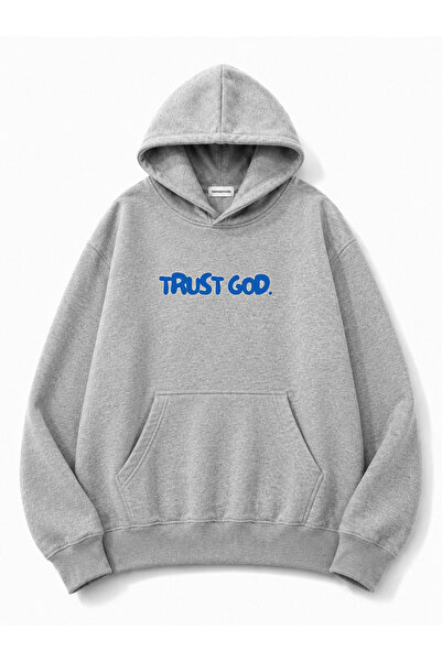 herkesemoda Hanorac supradimensionat cu buzunar cangur, imprimat cu „Trust God”