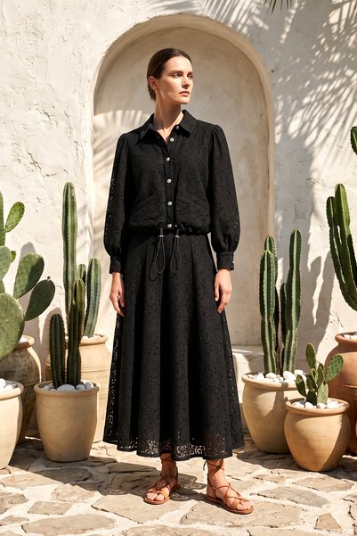Lale Butik Waist Drawstring Jacket and Lace Detailed Skirt Set 19621 Black