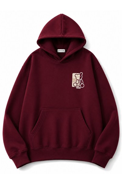 herkesemoda Honey Teddy Bear Printed Oversize Sweatshirt with Kangaroo Pocket