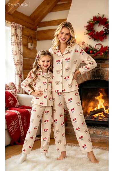 NiCe İç Giyim Set de pijamale asortate pentru mamă și fiică, cu model cireșe ...