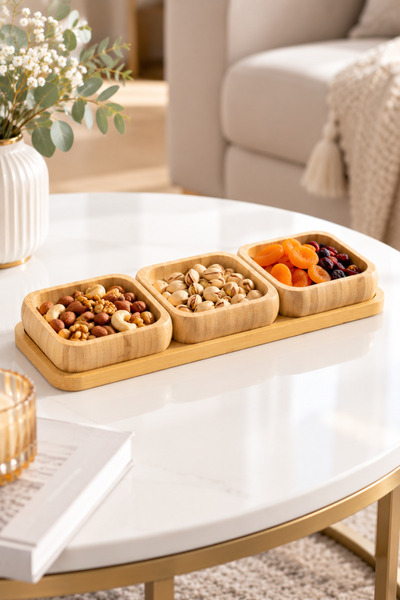 NOKKA 4-Piece Bamboo Serving Set – 3 Square Bowls and Stand – Snack, Breakfas...