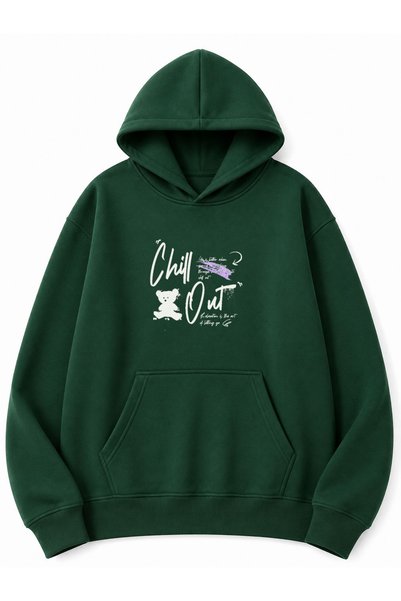 herkesemoda Chill Out Text Printed Oversize Sweatshirt with Kangaroo Pocket