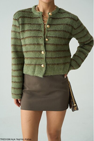 Lupies Women's Khaki Gold Buttoned Striped Soft Knitwear Cardigan