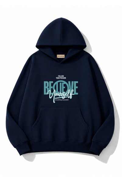 herkesemoda Believe Text Printed Oversize Sweatshirt with Kangaroo Pocket