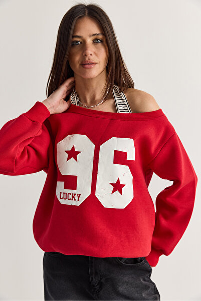 Bianco Lucci Women's 96 Lucky Printed United Athlete Detailed Boat Neck Sweat...