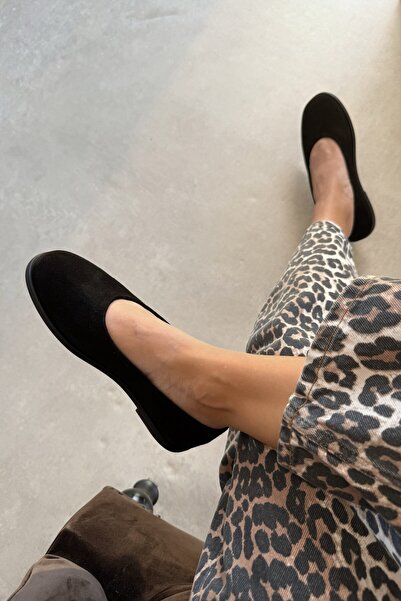 nope21shoess Vera Black Suede Genuine Leather Ballerinas