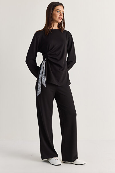 Bianco Lucci Women's Modal Scarf Tie Detailed Blouse High Waist Pants Bottom-...