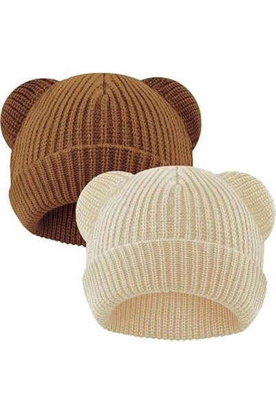 TERRIFI 2 Pack Baby Knitted Hat, Warm Soft Winter Beanie with Cute Bear Desig...