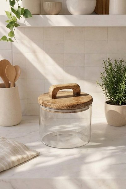 Kitchen Life Wooden Vacuum Lid Borosilicate Glass Jar Spice Container 450 ml