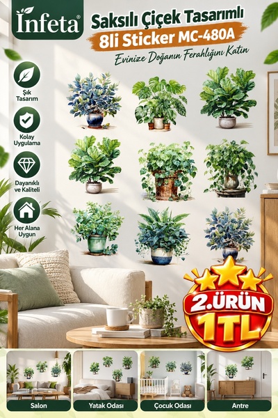 İnfeta Set zidnih naljepnica sa biljkama u saksiji 30x30 cm, 8 komada, dekora...